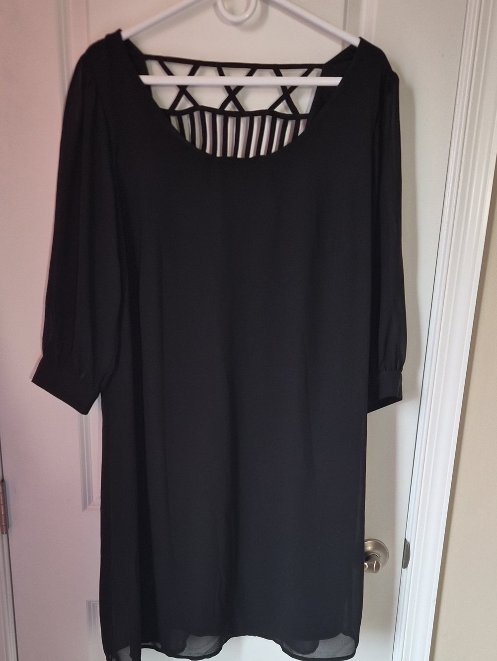 Black Long-Sleeve Shift Dress with Strappy Back Detail